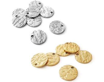 Silver or gold-plated stainless steel sequins (IP: ion plating), 10mm diameter, textured round pendant