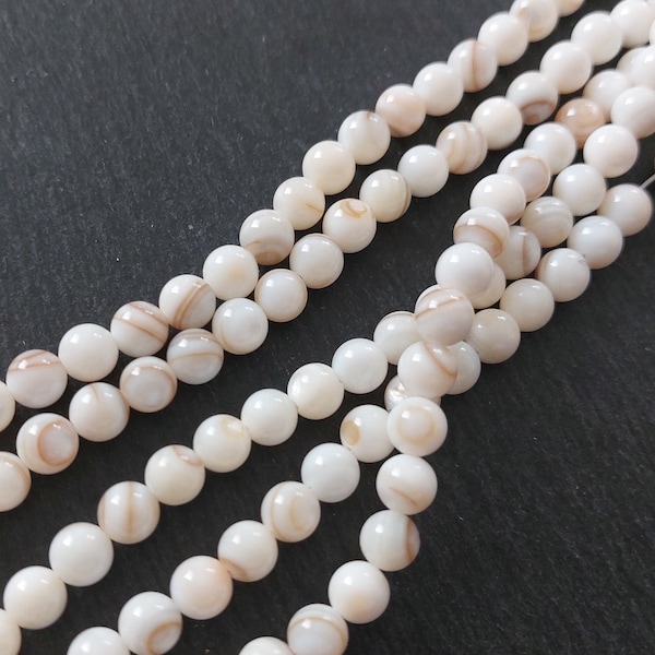 Perles coquillage nacre blanc-crème / beige, pierre naturelle ronde 6mm