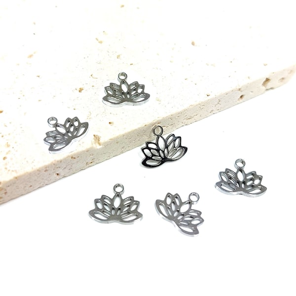 6 petits pendentifs fleur de lotus en acier inoxydable, 9.5x7.5mm, mini pendentif, création bijoux