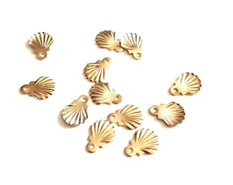 10 mini gold-plated stainless steel seashell pendants, mini steel seashell charms, jewelry making, craft supplies