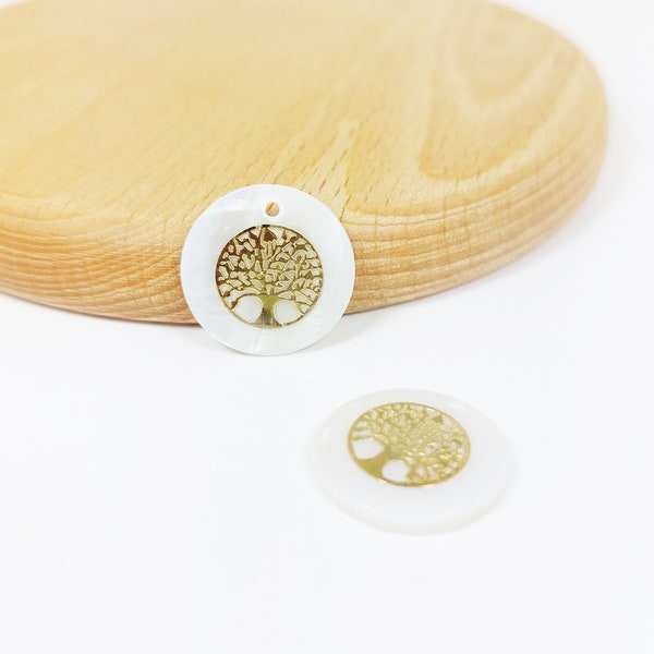 Pendentifs ronds en nacre arbre de vie doré, 16mm, nacre naturelle, coquillage blanc, lot de 2 ou 10 pièces