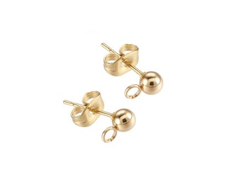 x6 puces boules en acier inoxydable doré or 24k, diamètre 4mm, supports boucles d'oreilles