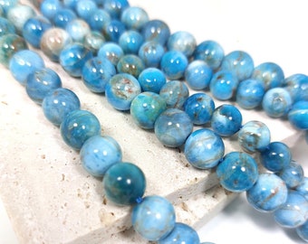 APATITE, perles rondes 6mm / 8mm, pierre naturelle bleu clair marbré, perles gemmes semi précieuse non teinté ; créations bijoux