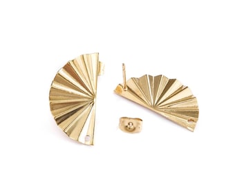 Gold stainless steel chips, fan-shaped / pleated semi-circle ear studs, earring supports, Set of 2 or 6 pieces