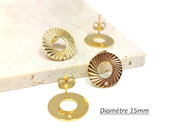 x4 striated circle ear studs in gold steel, 15mm, round stud earring supports (2 pairs)
