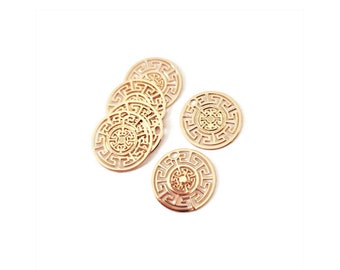x10 petites estampes rondes dorées motif ethnique, Ø 13mm, médaille ronde ajourée