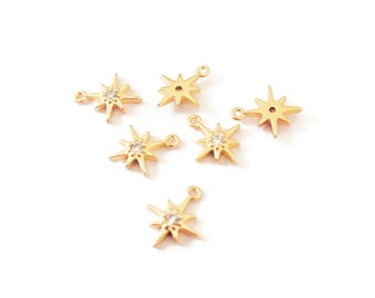 Petits pendentifs étoiles avec zirconium, 10x8,5mm, en laiton doré or 18k, 2 ou 6 pièces