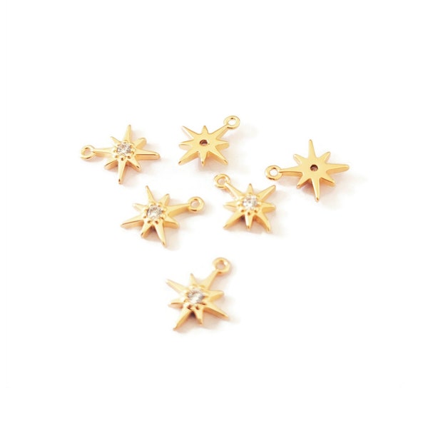 Petits pendentifs étoiles avec zirconium, 10x8,5mm, en laiton doré or 18k, 2 ou 6 pièces