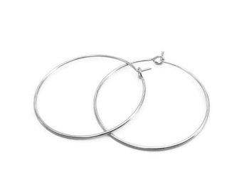 Puede incluir: Un par de pendientes de aro de plata. Los aros son finos y circulares.