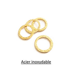 4 closed rings in golden stainless steel, 15mm, hammered round connector