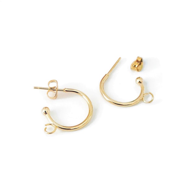 Demi créoles en acier doré 24k, supports boucles d'oreilles ronds avec anneaux, une paire