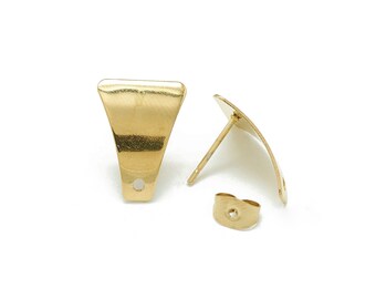 May include: A pair of gold-colored metal earrings. One earring is a triangular shape with a small hole at the bottom. The other earring has a post and a curved back. A gold earring back is also visible.