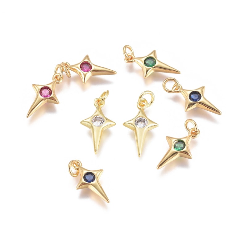 2 Star pendants with zirconium, in 18k gold-plated brass, color of your choice, 14mm image 1