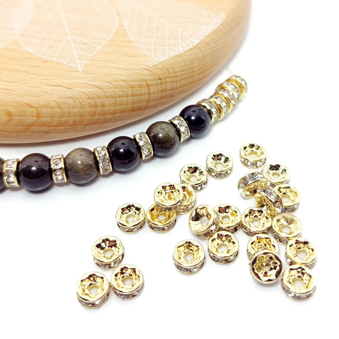 X20 Rondelle Beads With Rhinestones in 14k Gold Plated Brass and ...