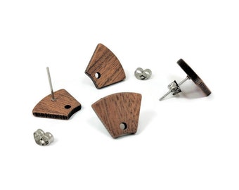 Ear studs in walnut wood and stainless steel, 12x15mm, trapezoid shape, stud earring supports, set of 4 (2 pairs)