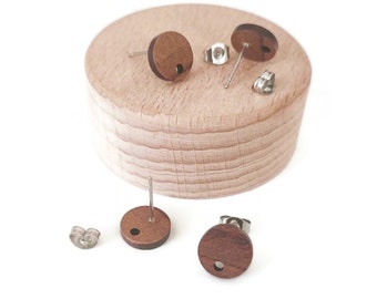 Clous d'oreilles ronds en bois de noyer et acier inoxydable, 10mm, supports boucles d'oreilles puces, lot de 4 (2 paires)