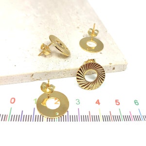 x4 clous d'oreilles cercle strié en acier doré, 15mm, supports boucles d'oreilles puces rondes 2 paires image 2