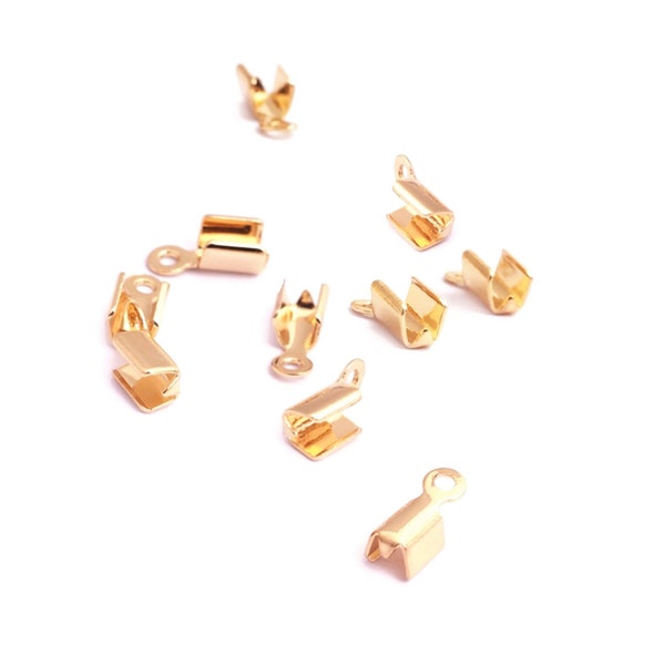 Embouts en laiton doré or 18k pour cordon plat 3mm, pince ruban à écraser pour plume, lacet, lot de 10 pièces