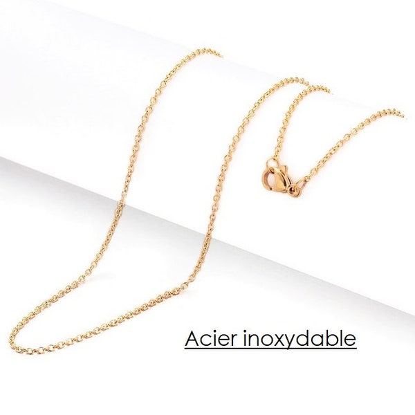 60cm - Collier en acier inoxydable doré, maille forçat 2x1.5mm, fine chaîne avec fermoir