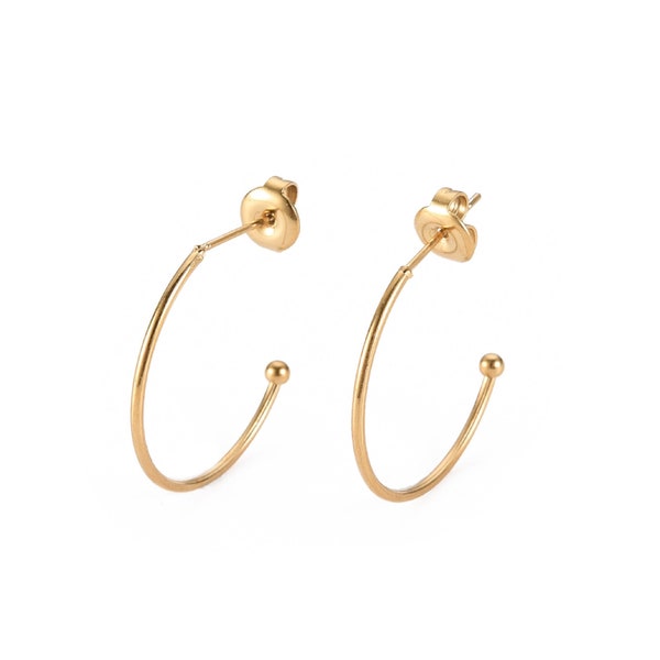 Half-creole rings in 14k gold-plated steel, diameter 25mm, round stud earrings, a pair