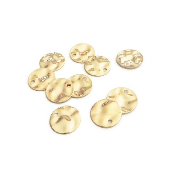 Sequins ronds froissés, Ø 10mm, pendentif martelé en laiton doré or 18k. Lot de 6 ou 12 pièces