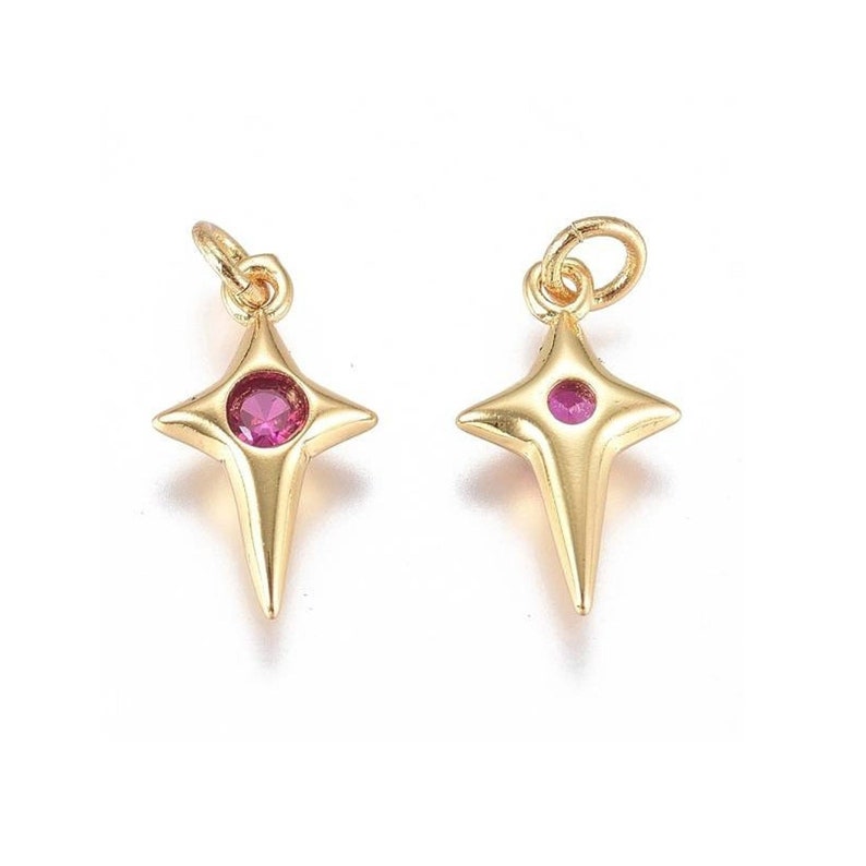 2 Star pendants with zirconium, in 18k gold-plated brass, color of your choice, 14mm Pink