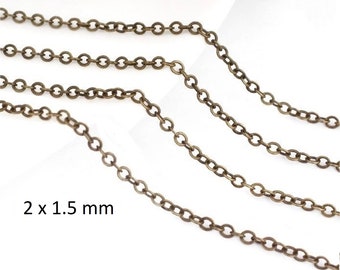 5m - Zeer fijne kabelschakelketting in brons-messing, 2 x 1,5 mm, gelaste ovale schakelketting, verkocht in coupon van 5 meter