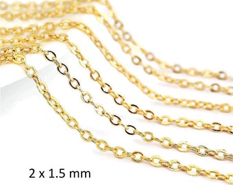 5m - Très fine chaîne maille forçat en laiton or doré, 2 x 1.5 mm, chaîne maille ovale soudée, vendue en coupon de 5 mètres