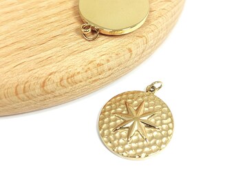 Round pendant in gold stainless steel, star in textured relief, Sold individually