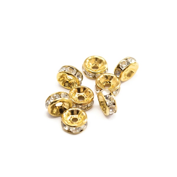 x20 Perles intercalaires en laiton doré or 14k et strass cristal, 6mm, perles rondelles séparateurs, perles plates