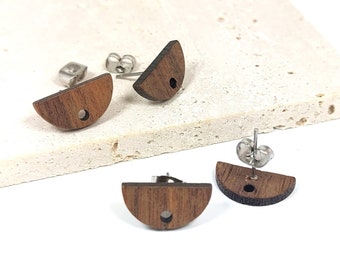 Half-circle ear studs in walnut wood, stainless steel, 8x16mm, stud earring backings, half-moon, set of 4 (2 pairs)