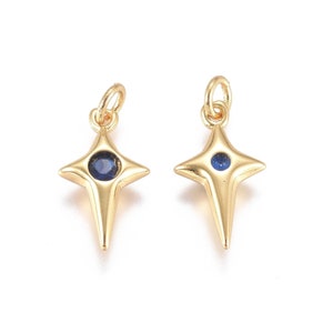 2 Star pendants with zirconium, in 18k gold-plated brass, color of your choice, 14mm Blue