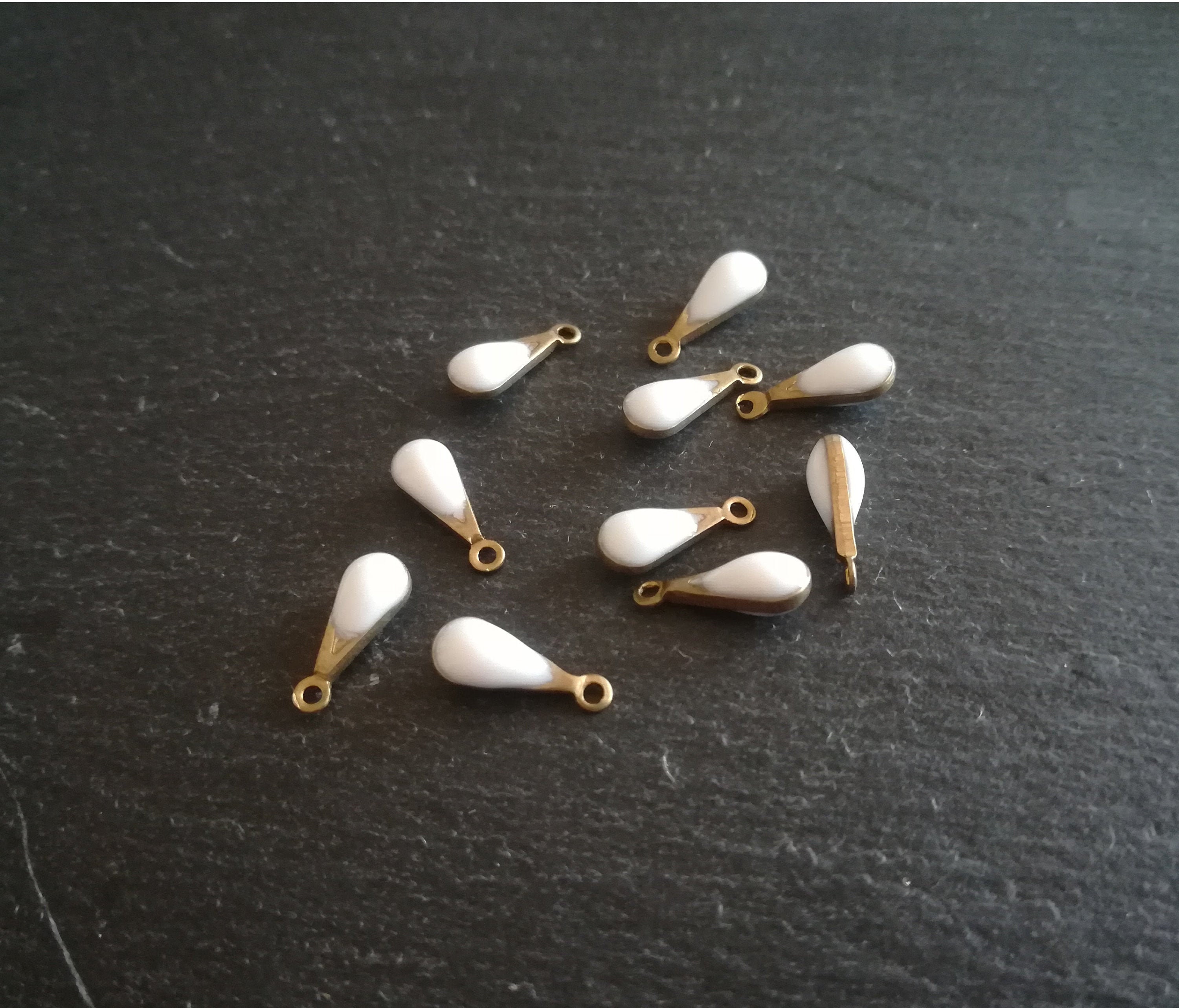 x10 mini white enamel drops, 11 x 4 mm, two-sided email charm, two-si…