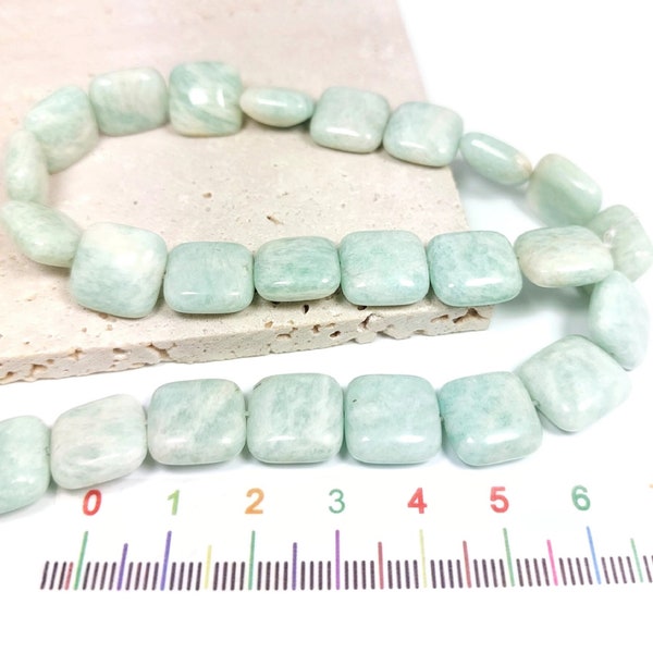 AMAZONITE - Perles carrées 12mm, pierre naturelle forme coussin. Lot de 2 perles ou Brin de 19cm env.