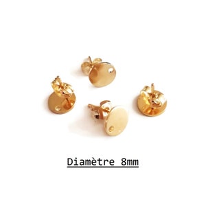 x6 stud earring supports in gold stainless steel, diameter 8mm, round shaped ear studs