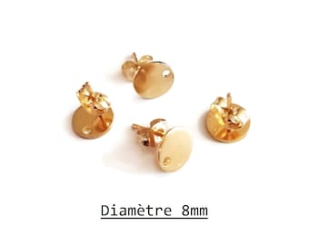 x6 stud earring supports in gold stainless steel, diameter 8mm, round shaped ear studs