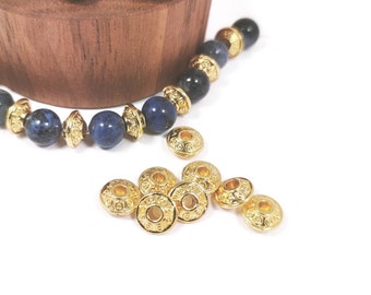 Engraved spacer beads in 18k gold-plated zamak, ethnic relief pattern spacer beads, Set of 15 beads