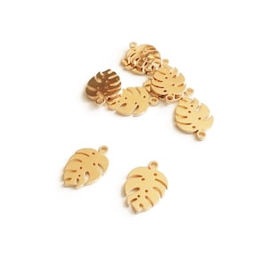 Gold Stainless Steel Leaf Charms, 13x9mm, Monstera Pendants, Set of 2 or 6pcs