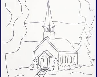 May include: A StoryTeller Wool pattern for rug hooking or punch needle featuring a line drawing of a church with a steeple, trees, and a stone path. The text reads Little White Church 16x16, includes: pattern on 24x24 monks cloth.
