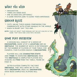 May include: A fantasy-themed game guide with text and illustrations. The image features a green dragon, cartoon cats, and text detailing game rules and gameplay overview. The text includes "What You Need" and "Ground Rules".
