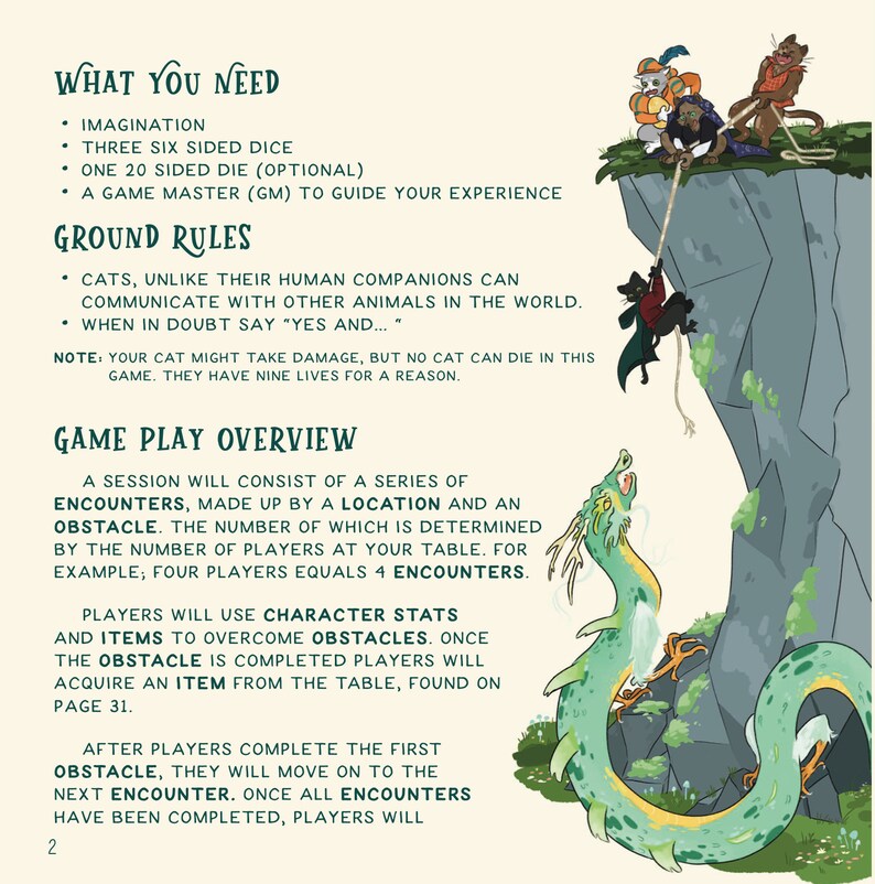 May include: A fantasy-themed game guide with text and illustrations. The image features a green dragon, cartoon cats, and text detailing game rules and gameplay overview. The text includes "What You Need" and "Ground Rules".