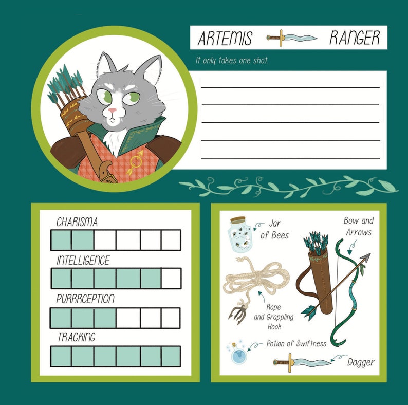 May include: A fantasy-themed illustration featuring a cat character named Artemis, a Ranger. The image includes a character sheet with stats, a bow and arrows, a jar of bees, a rope, and a dagger. Text reads "It only takes one shot."