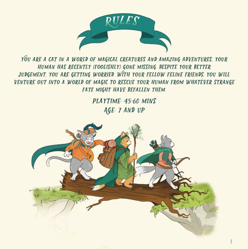 May include: An illustrated game card with the word "RULES" on a banner. Three anthropomorphic cats dressed as adventurers walk on a log. Text describes the game's premise: cats rescuing their human. Playtime: 45-60 mins, age 7 and up.