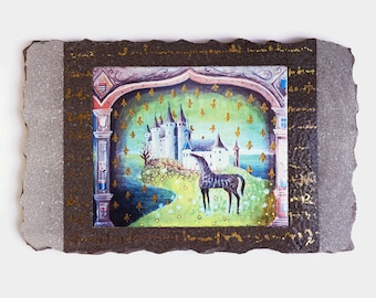 Fantasy painting castle of val and horse inspiration illumination and tapestry of aubusson in enamelled lava