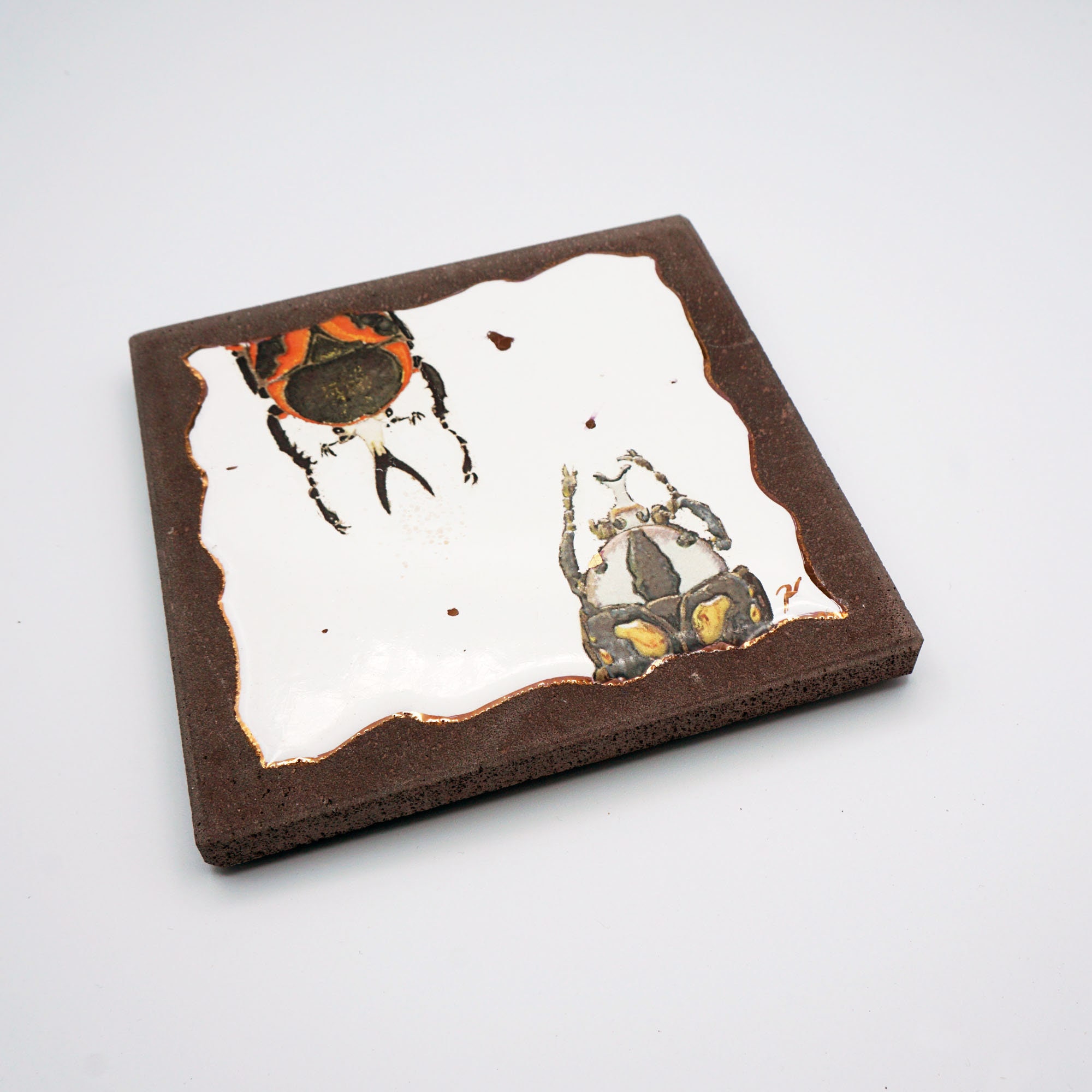 Petit Dessous de Plat Insecte en Lave Émaillée et Touches Bronze 15x15 cm