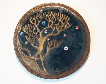 Round painting blue tree in enamelled lava branching gold and bronze 28cm Christmas gift