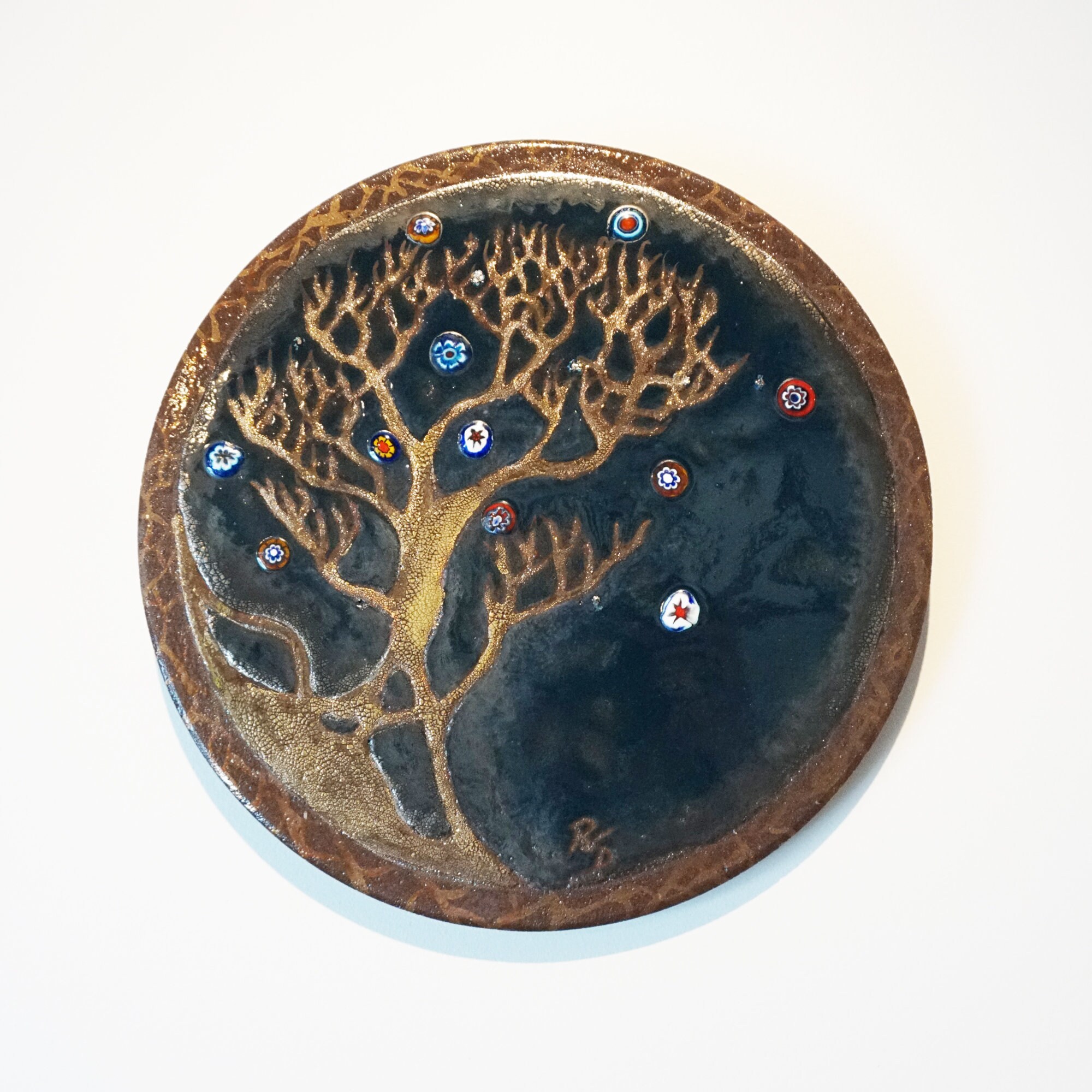 Tableau Rond Arbre Bleu en Lave Émaillée Ramure d'or et Bronze 28cm Cadeau Noel