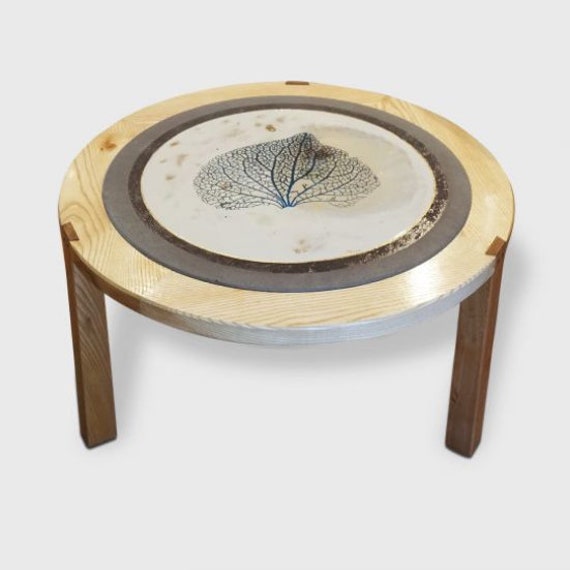 Magnifique Table Basse Nervures de Feuilles Beige en Lave Émaillée Des Volcans et Bois. Cadeau Noel
