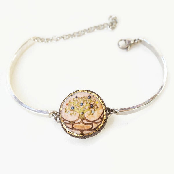 Elégant bracelet abre de vie rose en lave émaillée de volvic et touches d'or