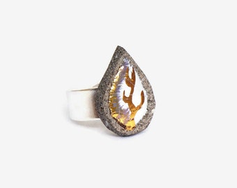 White drop ring and gold roots adjustable silver ring